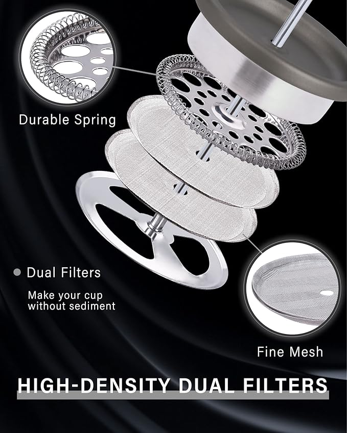 POLIVIAR French Press Coffee Maker, 12 oz Portable French Press with Mini Canister and Collection Bag, Double Wall Insulation & Dual- Filter Screen, Food Grade Stainless Steel for Coffee