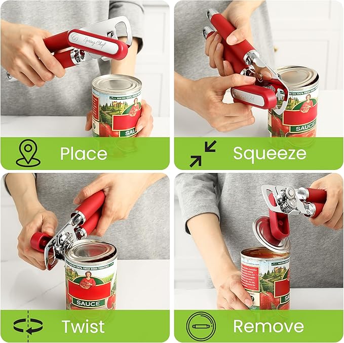 Spring Chef Stainless Steel Can Opener - Manual with Soft Grip Handles, Easy Turn, Heavy Duty Hand Can Opener for Seniors with Smooth Edge - Red