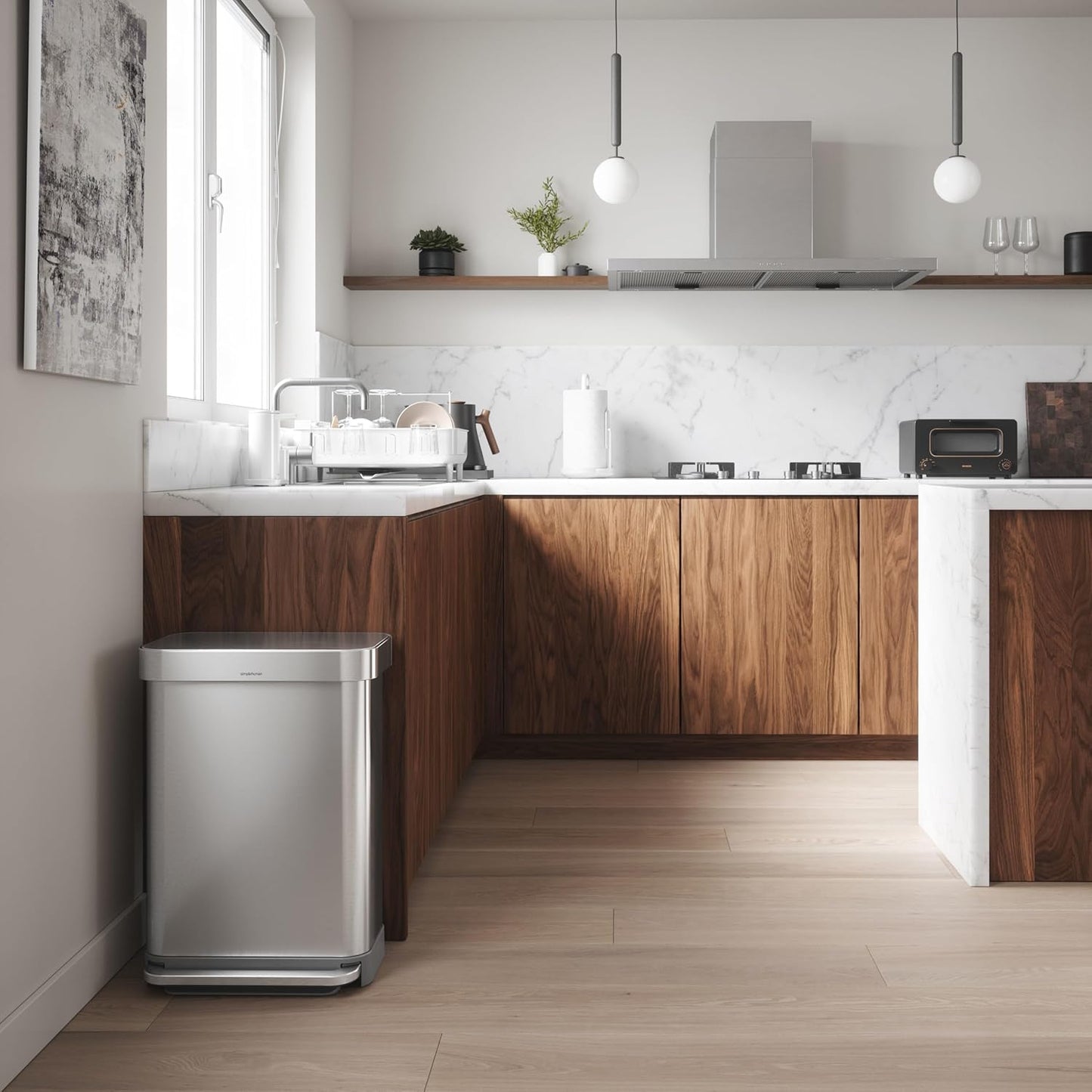 simplehuman Large Capacity Dish Drying Rack with Stainless Steel Frame, 360º Easy Drain Swivel Spout, Utensil & Wine Glass Holder, Anti-Residue Coating, Moisture Control Surface, White