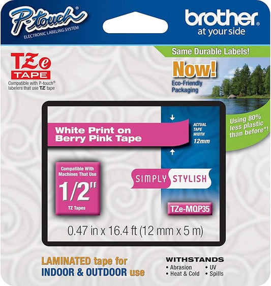 Brother Genuine P-touch TZE-MQP35 Tape, 1/2" (0.47") Wide Standard Laminated Tape, White on Berry Pink, Laminated for Indoor or Outdoor Use, Water-Resistant, 0.47" x 16.4' (12mm x 5M), TZEMQP35