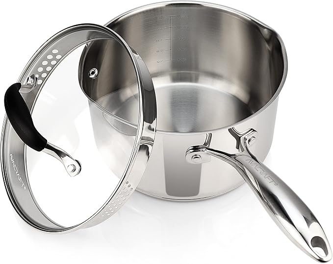 AVACRAFT Stainless Steel Saucepan with Glass Lid, Strainer Lid, Two Side Spouts for Easy Pour with Ergonomic Handle, Multipurpose Sauce Pan, Sauce Pot (5-Ply Capsule Bottom, 3.5 Quart)