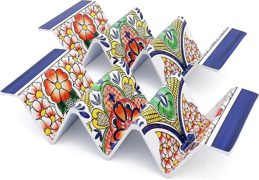 TP Taco Holder Stands, Set of 2 Melamine Large Taco Serving Rack Tray with Handle, Holds 3 Tacos, Dishwasher Safe, Ideal for Taco Night, Party, Home, Fiesta, Talavera Tile
