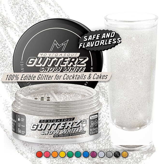 MONÉGASQUE Snow White Edible Glitter for Drinks 10g – White Edible Glitter for Cakes & Halloween Cocktails - Champagne & Cocktail Drink Shimmer - Cake Decorations Spray & Food Decorating Sprinkles