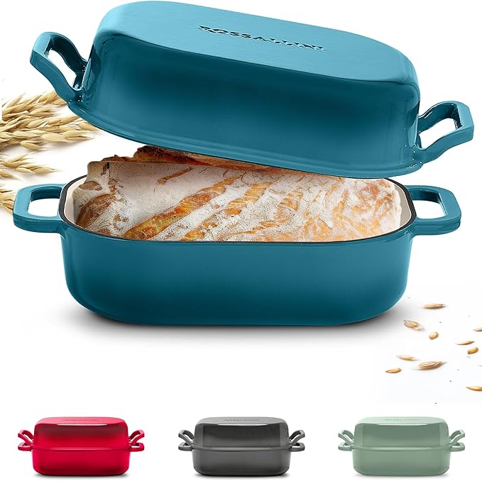 Signature Enameled Cast Iron Sourdough Bread Oven | Non-Stick with Tight Fitting Lid for Perfect Baking and Bread Making | 6QT Rectangle Oven With Lid [Ocean Blue]