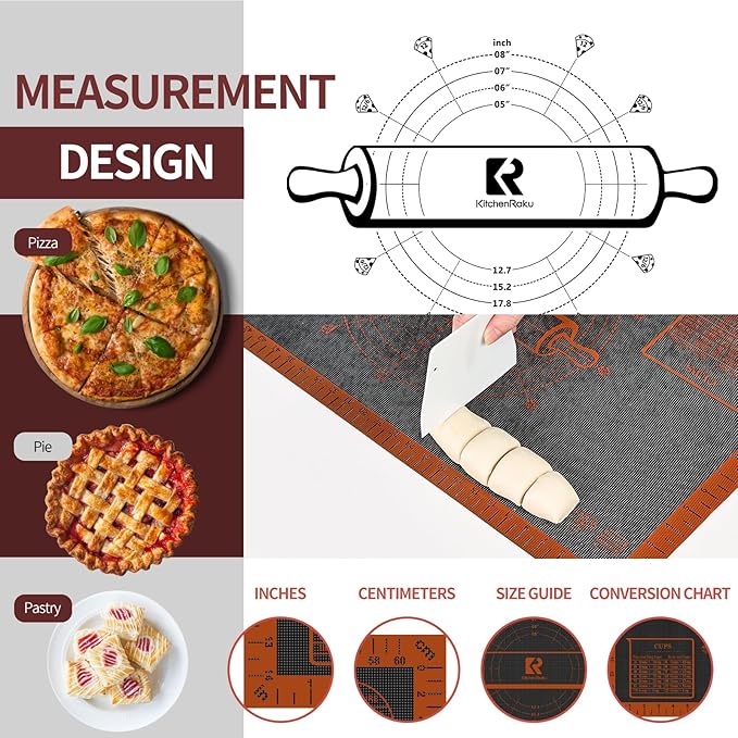Silicone Pastry Mat Extra Large with Measurements 26''x16'' for Reusable,Non-slip Silicone Baking Mat, Counter, Dough Rolling, Oven Liner,Fondant/Pie Crust (Translucent_Orange, 16''W x 26''L)