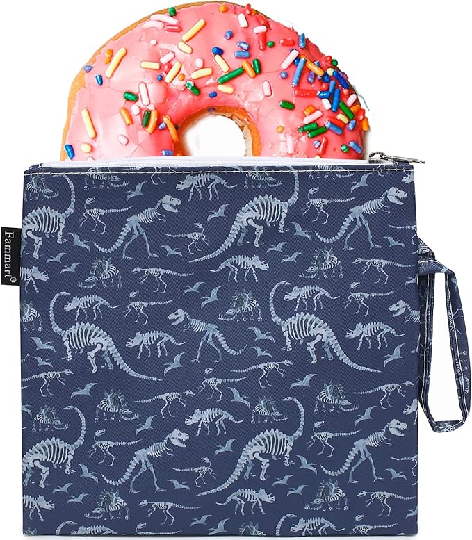 Reusable Sandwich Bag/Snack Bag for Kids & Adults, Dual Layer Lunch Bag with Handle, Washable, Food Safe, BPA Free (1-Pack, Dinosaur Fossil)