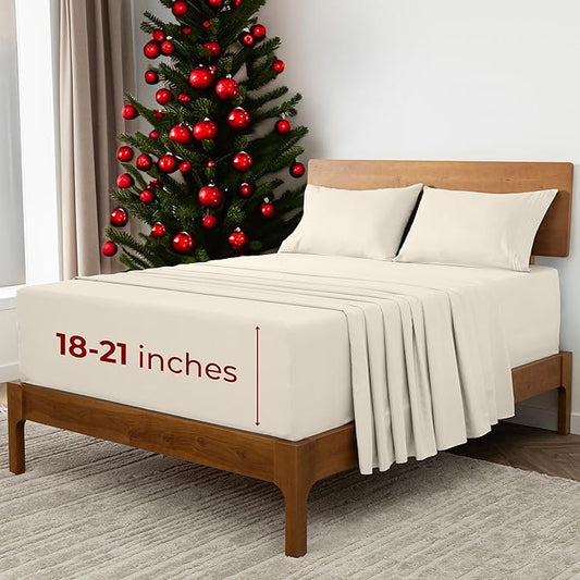 Mellanni Extra Deep California King Sheets - 4 PC Iconic Collection Bedding - Luxury, Ultra Soft, Cooling Bed Sheets - Wrinkle, Fade, Stain Resistant (Cal King, Golden Ivory)