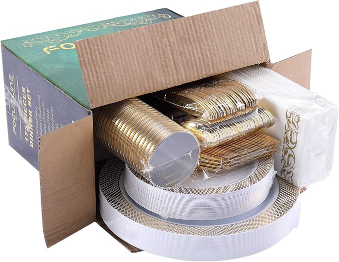 FOCUSLINE 175 Count Gold Dinnerware Set for 25 Guests - Disposable Plastic Plates with Gold Grid, Includes 25 Dinner & Salad Plates, Cups, Napkins, Cutlery Set for Wedding Parties
