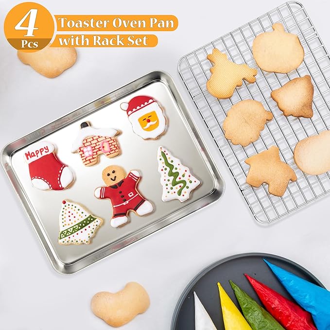 TeamFar Toaster Oven Pan with Rack Set, 9 x 7 x 1 Inch Stainless Steel Mini Baking Pan Tray with Grid Rack for Baking Roasting Cooling, Non-Toxic & Heavy-Duty, Dishwasher Safe, (2 Pans + 2 Racks)