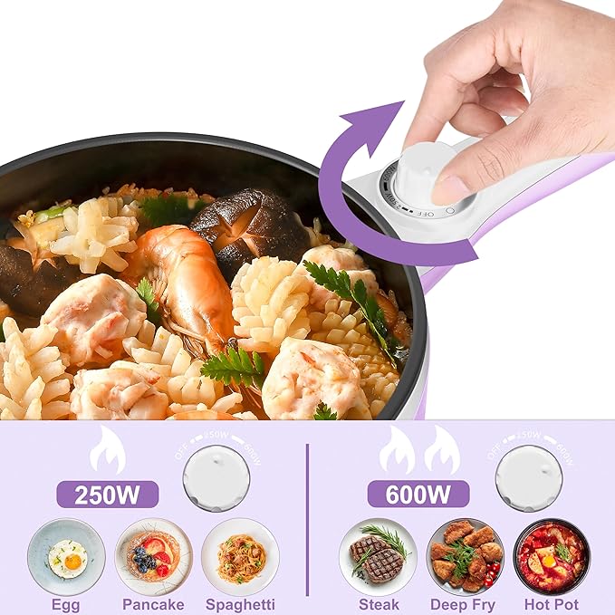 Dezin Hot Pot Electric Upgraded, Non-Stick Sauté Pan, Rapid Noodles Electric Pot, 1.5L Mini Portable Hot Pot for Steak, Egg, Fried Rice, Ramen, Oatmeal, Soup with Power Adjustment