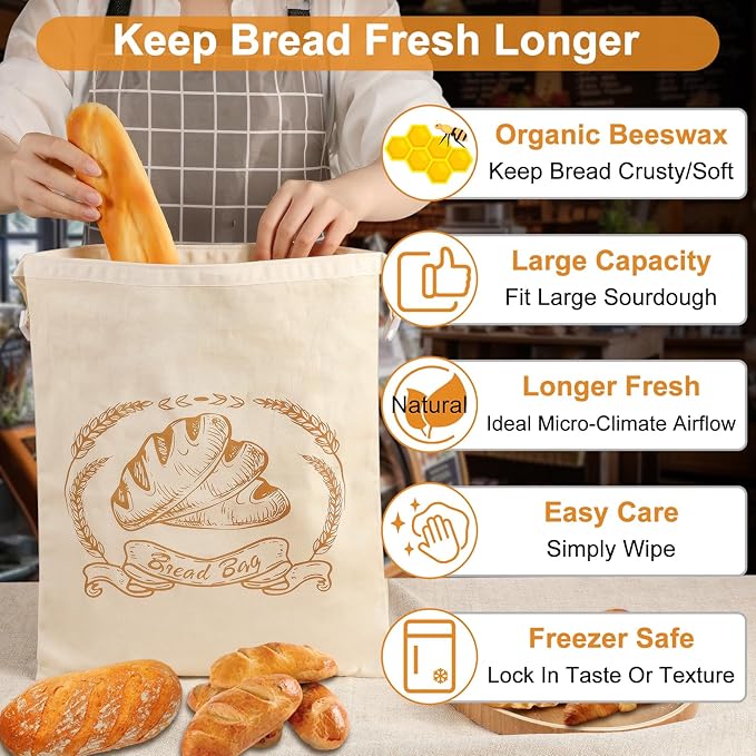 4 Pack Reusable Linen Bread Bags for Homemade,Organic Linen Bread Bag for Homemadesourdough 17 x3 inches Food Storage Cloth Bag，Keep Fresh and Upgrade Large Capacity Portable