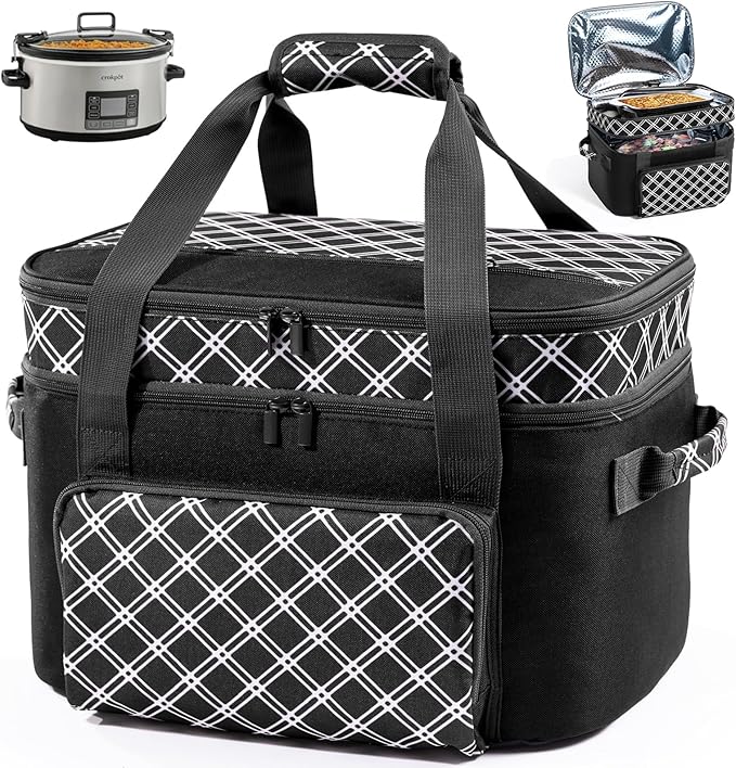 Double Layer Slow Cooker Carrier Bag – Fits 6–8 Qt Oval Slow Cooker Compatible with CrockPot & Hamilton Beach | Insulated Travel Tote with Utensil Storage & Adjustable Straps