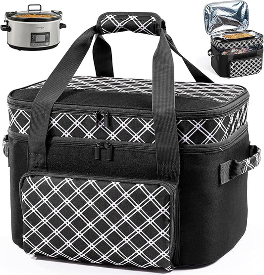 Double Layer Slow Cooker Carrier Bag – Fits 6–8 Qt Oval Slow Cooker Compatible with CrockPot & Hamilton Beach | Insulated Travel Tote with Utensil Storage & Adjustable Straps