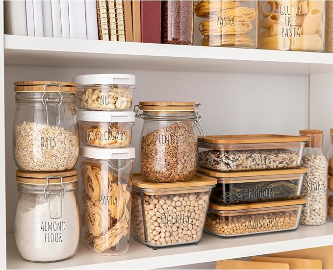 Hygge & Sage Pantry Labels for Containers Preprinted - 192 Waterproof Labels, Durable, Removable Kitchen Stickers, Clear With Black Print, Perfect for Use On Basket Labels, in Pantry, and Refrigerator