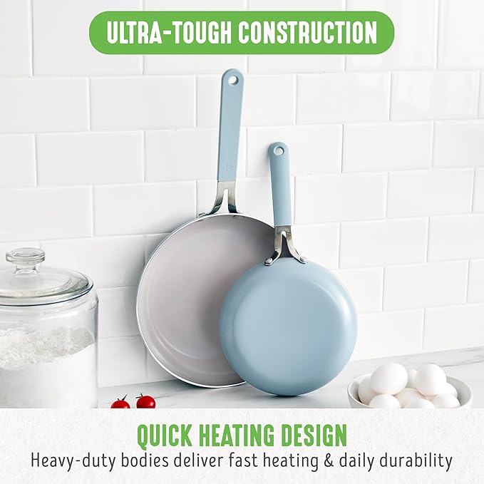 GreenLife 8” & 10” 2 Piece Nonstick Ceramic Frying Pan Set, Lightweight Healthy PFAS-Free Skillets, Dishwasher & Oven Safe, Durable Body, Silicone Stay-Cool Handles, Easy Release, Blue Haze