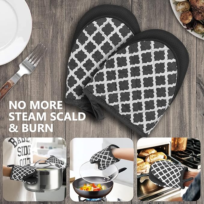 Qulable 1 Pair Short Oven Mitts - Silicone Kitchen Oven Gloves High Heat Resistant 500℉, Mini Oven Mits with Non-Slip Grip Surfaces and Hanging Loop for BBQ, Baking, Cooking and Grilling (Dark Gray)