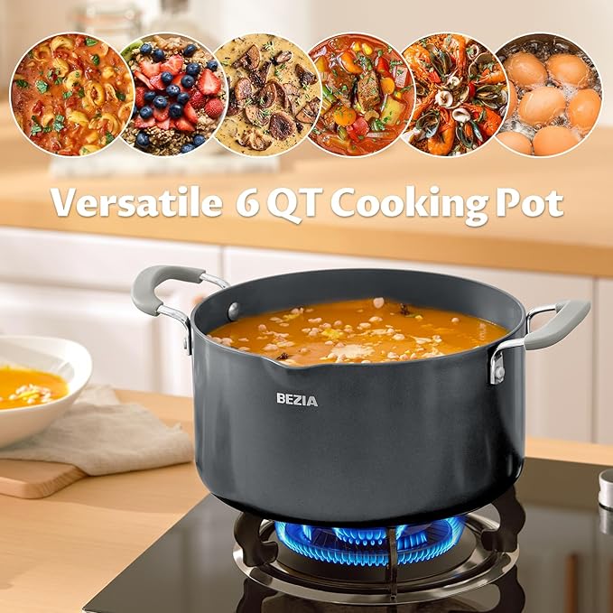 BEZIA 6 QT Cooking Pots with Lids, Soup Pot with Nonstick Ceramic Coating, Stay-Cool Handles, Nonstick Stock Pot with Strainer Lid, Dishwasher Safe, Induction Compatible