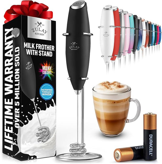 Zulay Kitchen Patented Tornado Triple Whisk Milk Frother with 2 Duracell Batteries – Handheld Foam Maker for Coffee, Lattes, Matcha & Hot Chocolate – Rich, Creamy Froth in Seconds