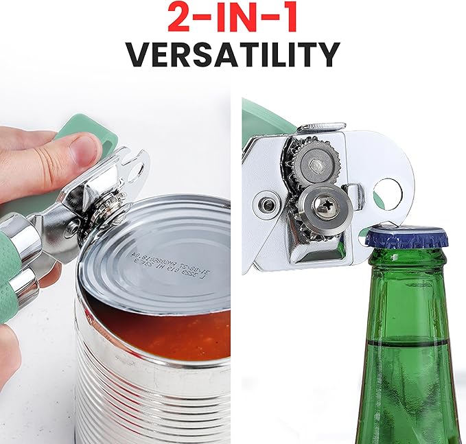 Zulay Kitchen Heavy Duty Stainless Steel Can Opener – Manual Can & Bottle Opener with Sharp Cutting Wheel & Soft Grip Handles – Ergonomic, Easy to Use Turn Knob - Mint