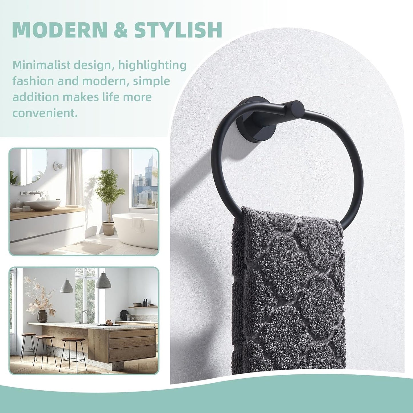 Suyar Matte Black Towel Ring, Stainless Steel Modern Swivel Hand Towel Holder for Bathroom Wall, Oval Shape