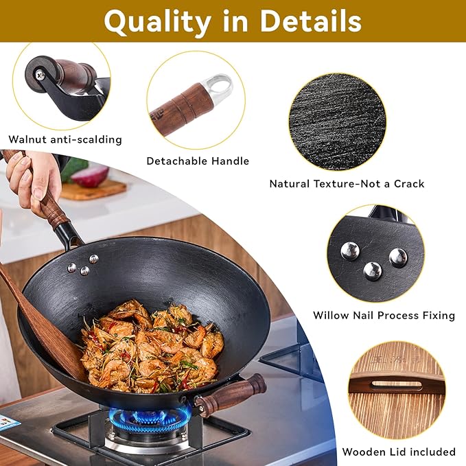 WANGYUANJI Cast Iron Wok Pan 14.2 inch Large Wok Stir Fry Pan Flat Bottom Wok with Lid and Wood Handle, Suitable for All Cooktops, Uncoated Craft Pot Healthy Cooking Pot