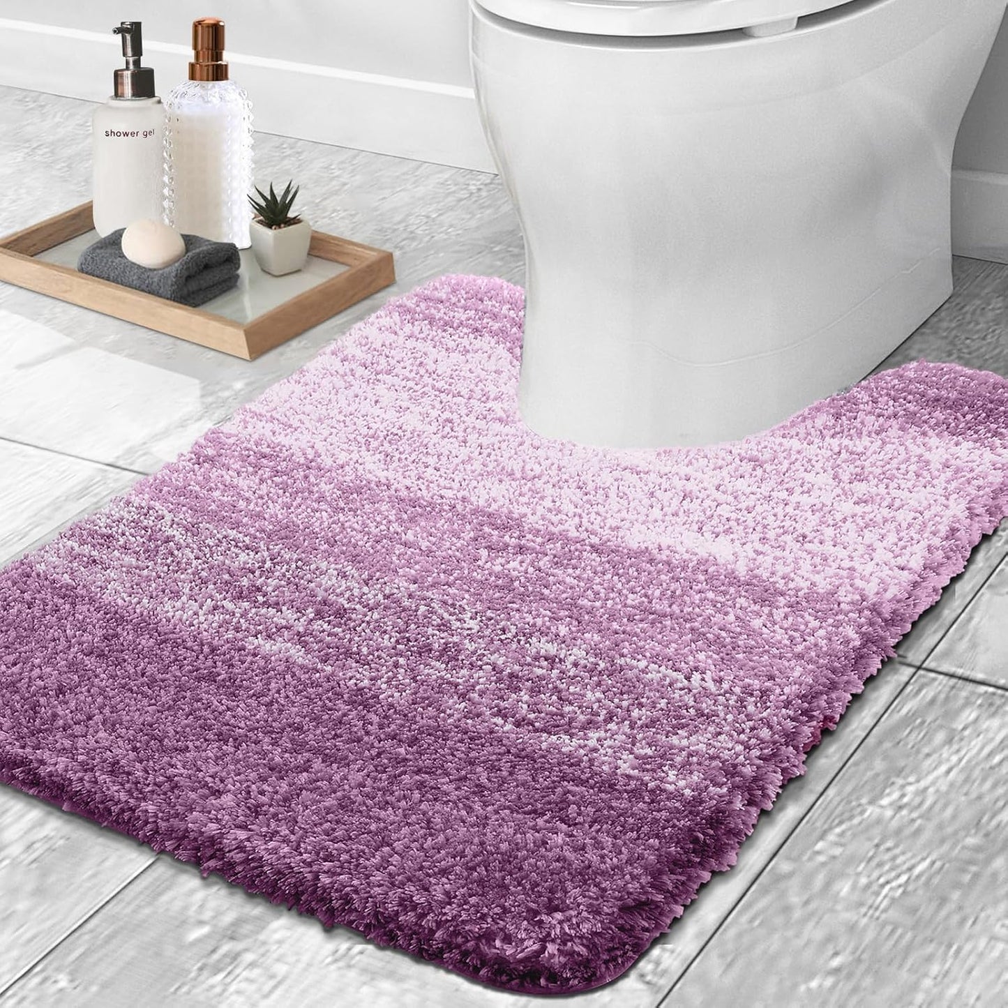 OLANLY Luxury Toilet Rugs U-Shaped 24x20, Extra Soft and Absorbent Microfiber Bathroom Rugs, Non-Slip Plush Shaggy Bath Mat, Machine Wash Dry, Contour Bathroom Mats for Toilet Base, Pinkish-Purple