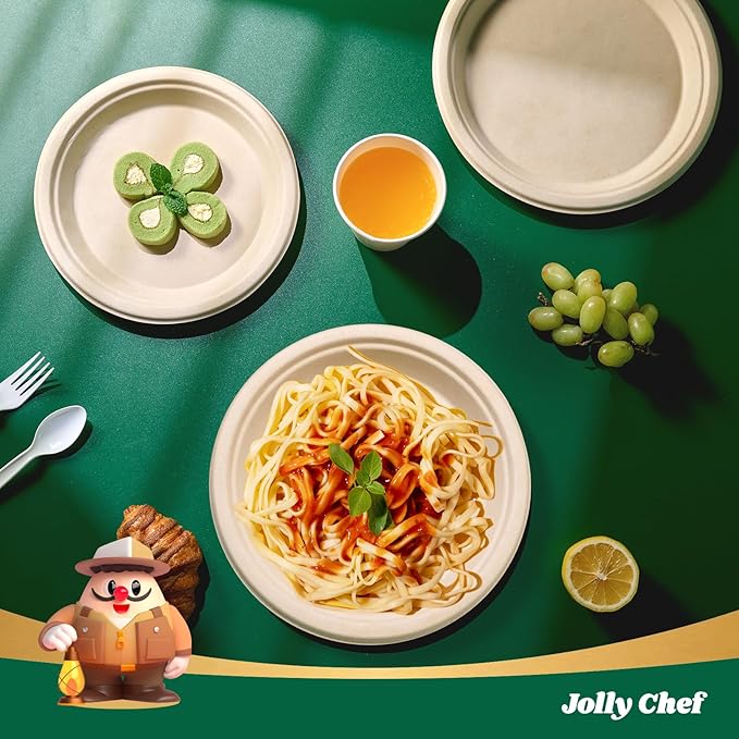 JOLLY CHEF Compostable Heavy Duty Plates 𝟭𝟬 𝗜𝗻𝗰𝗵 [𝟭𝟮𝟱 𝗣𝗮𝗰𝗸] Eco-Friendly Disposable Paper Plates Made of Bagasse Biodegradable Bulk for Party Dinner Sugarcane Fibers Round (Natural)