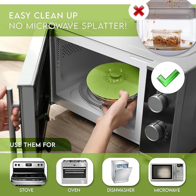 Silicone Bowl Lids Green Set of 5 Reusable Suction Seal Covers for Bowls, Pots, Cups. Food Safe. Natural grip, interlocking handles for easy use and storage.