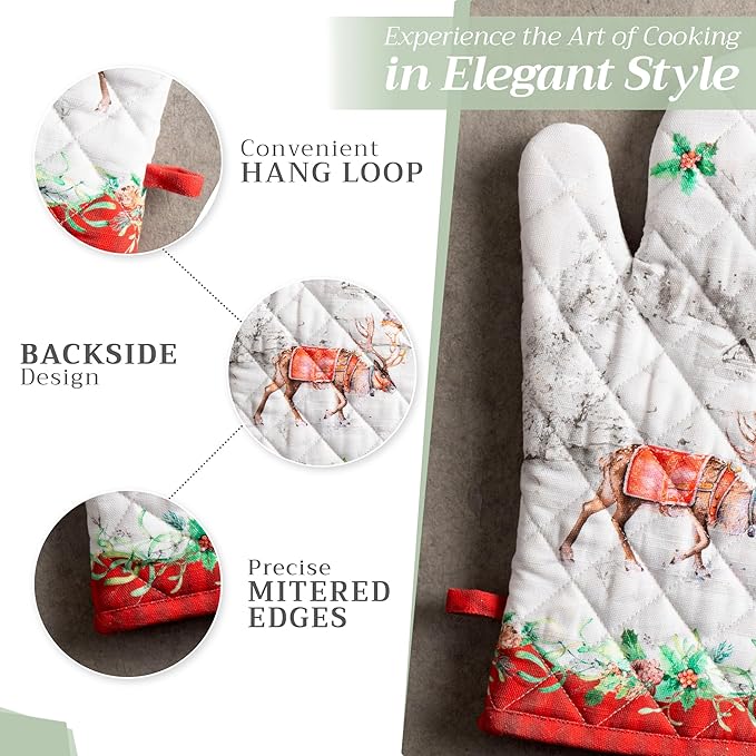 Maison d' Hermine Oven Gloves 100% Cotton Oven Mitt 7" x 13" with Loop Heat Resistant, BBQ, Cooking Gloves, Baking, Grilling, Kitchen, Handling Hot Pans (Pack of 1, Christmas Tradition)