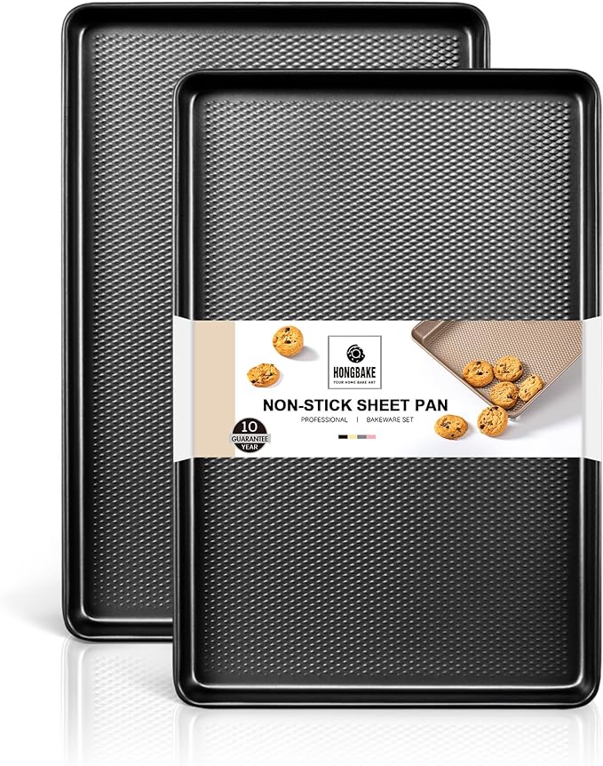 HONGBAKE 2 Pack Jelly Roll Pan Set 15x10, Cookie Sheets for Baking with Diamond Texture, Baking Sheets Non Stick, Non Toxic Oven Trays for Cooking, Heavy Duty 57% Thicker Carbon Steel, Dark Gray