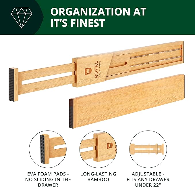 Drawer Divider and Organizer for Kitchen Organization - Adjustable Bamboo Drawer Dividers Organizers (17 - 22") - 4-Pack Expandable Drawer Organization Separators for Kitchen, Bedroom & More, Natural