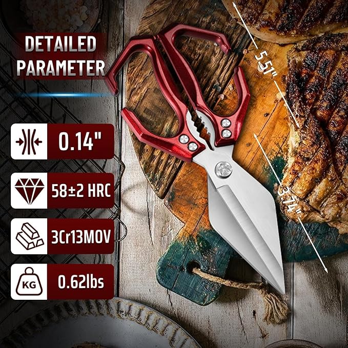 Dream Reach Poultry Shears - Heavy Duty Kitchen Scissors for Food with Ergonomic Handle, Japanese High-Carbon Steel Culinary Shears for Chicken, Meat, Seafood, Bone Cutting, Gift Box Included (Red)