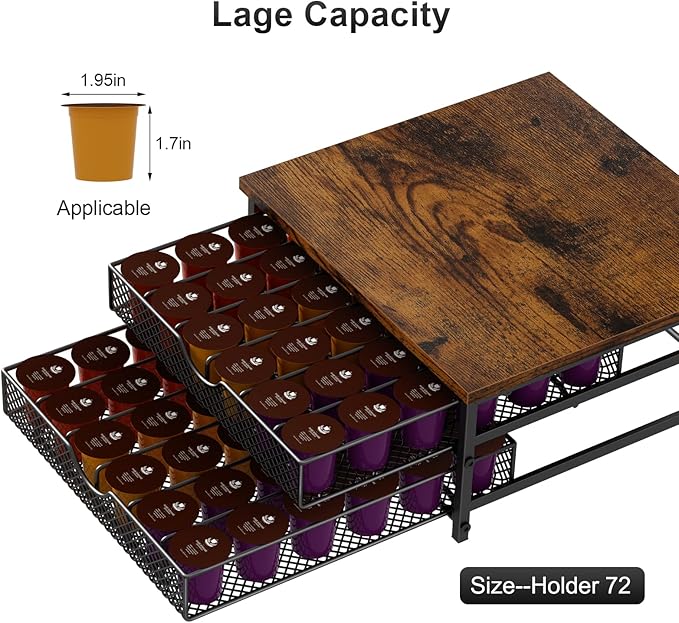Coffee Pod Drawer K Cups Organizer 2-Tier Coffee Pod Storage Holder with Drawer Baskets 72 Capacity Coffee Capsule Storage Organizer Drawer, Industrial Brown and Black