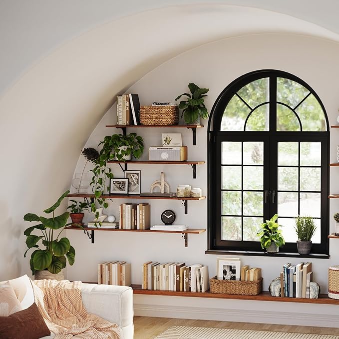 DINZI LVJ Long Wall Shelves, 31.5 Inch Wall Mounted Shelves Set of 2, Easy-to-Install, Wall Storage Ledges with Sturdy Metal Brackets for Living Room, Bathroom, Bedroom, Kitchen, Rustic Brown