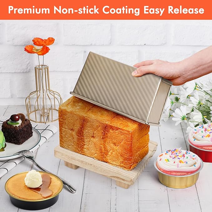 Beasea Pullman Loaf Pan with Lid, 2 Pack Non-Stick Bread Loaf Pans 1 lb & 0.5 lb Carbon Steel Bread Toast Box with Dough Scraper for Homemade Bread Toast Oven Baking - Gold