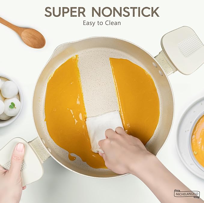 MICHELANGELO Pasta Pot with Strainer Lid - 6 Quart Multipurpose Pot with Twist and Lock Handles, Nonstick Soup Pot with Granite Coating, Induction Compatible, White