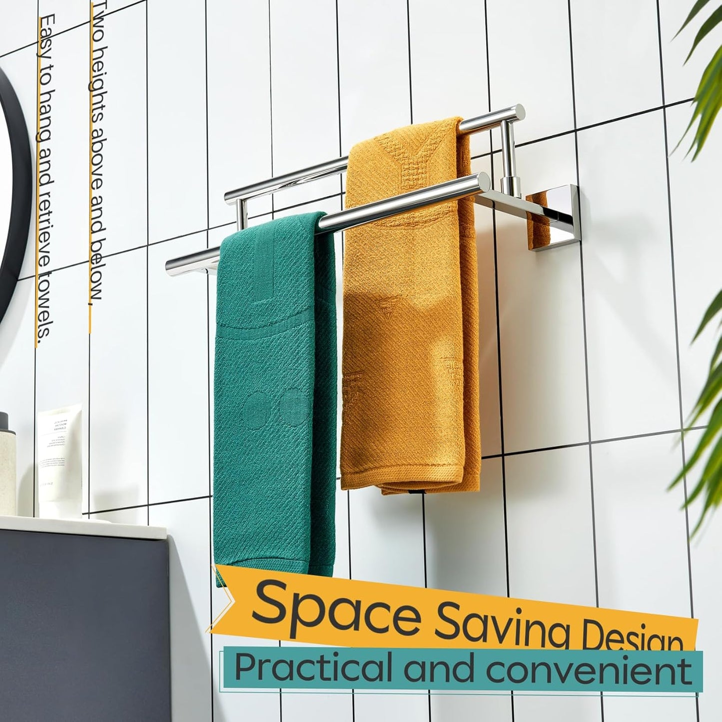 KOKOSIRI Towel Bars Chrome 16-Inch Bathroom Double Towel Holder for Garage Kitchen Toilet Wall Mount Polished Stainless Steel B5009CH-L16