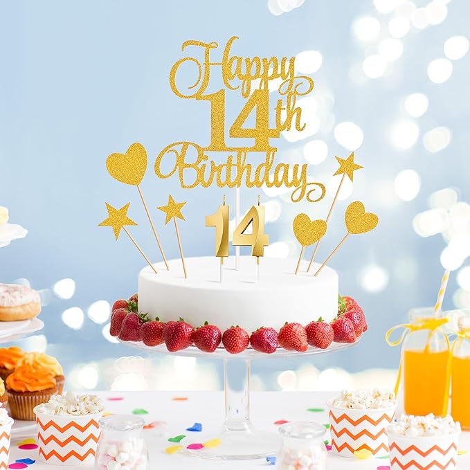 14th Birthday Cake Decorations, 14th Birthday Candles Cake Numeral Candles and Glitter Happy 14th Birthday Cake Toppers Set for Birthday Party Supplies (Gold)