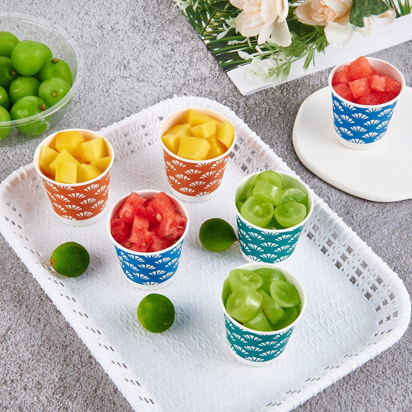 JollyPack 600 Pack 3 oz Disposable Bathroom Paper Cups, Small Mouthwash Cups in Orange, Blue, and Green, Great for Candy, Biscuits, Bathroom Use, Parties, Picnics, and Travel