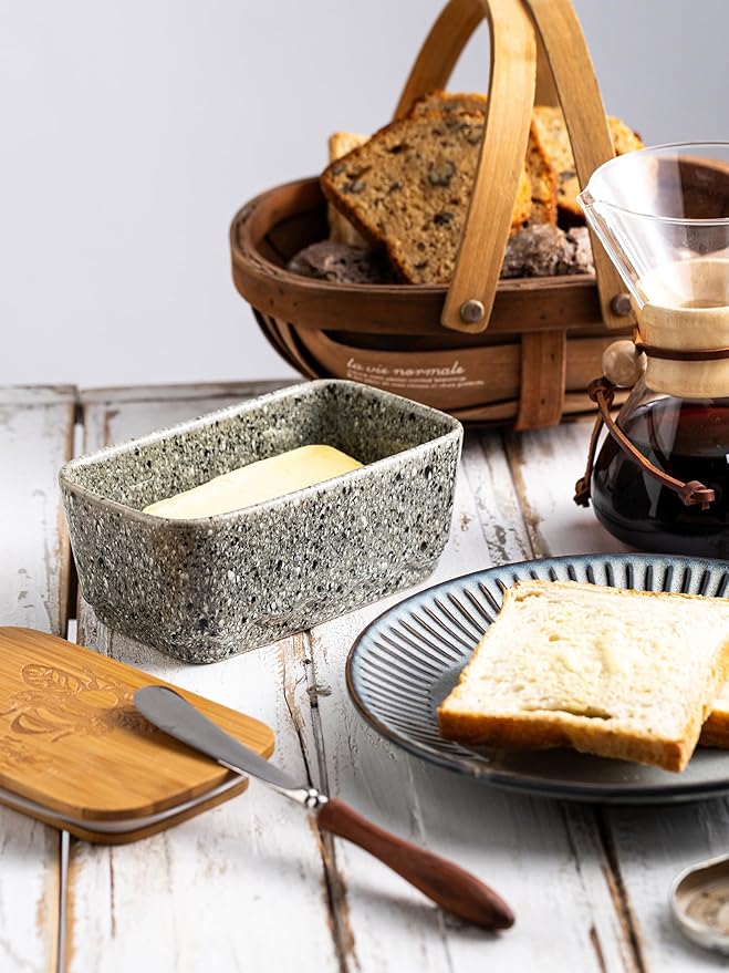 Ceramic Butter Dish with Lid, Covered Butter Dish for Countertop and Refrigerator, Large Butter Keeper Holder with Airtight Seal, HoneyBee Kitchen Decor, Gray