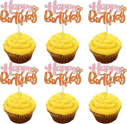 Ephlyn 24Pcs Happy Birthday Cupcake Toppers - Double Layer Glitter - Pastel Pink Orange - Perfect for Birthday, Baby Shower & Anniversary Parties