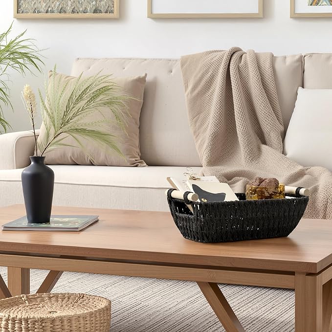 StorageWorks Black Wicker Storage Basket for Organizing with Wooden Handles, Small Woven Basket for Bathroom, Toilet Paper, 2-Pack