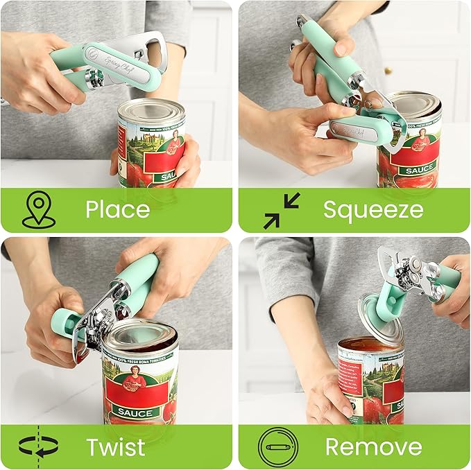 Spring Chef Stainless Steel Can Opener - Manual with Soft Grip Handles, Easy Turn, Heavy Duty Hand Can Opener for Seniors with Smooth Edge - Built-in Magnetic Lid Remover - Mint