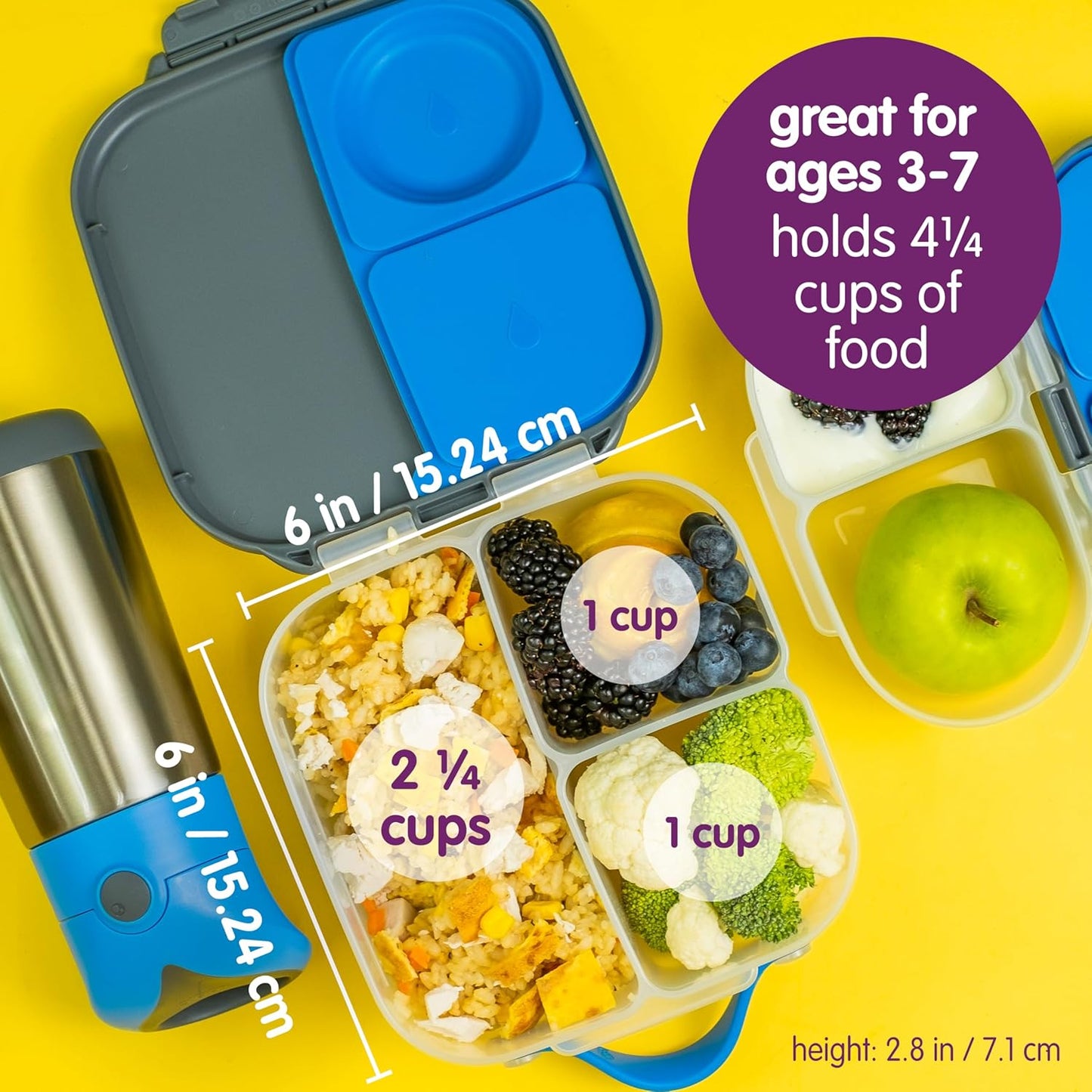 b.box Mini Lunch Box (2-pack), Bento Box for Kids Snack Container with 2 Leak-Proof Compartments, Reusable Snack Containers with Lids, BPA Free Kids Lunch Box, 4 1/4 Cup (Blue Slate+Lemon Sherbet)