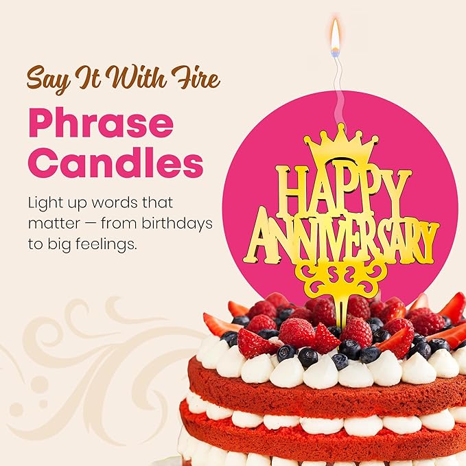 Happy Anniversary Reusable Gold Romantic Cake Candle - Luxury Cake Topper Candle for Birthdays, Weddings & Anniversaries - Reusable Food Safe Acrylic, Shiny Mirror Finish - Birthday Cake Topper