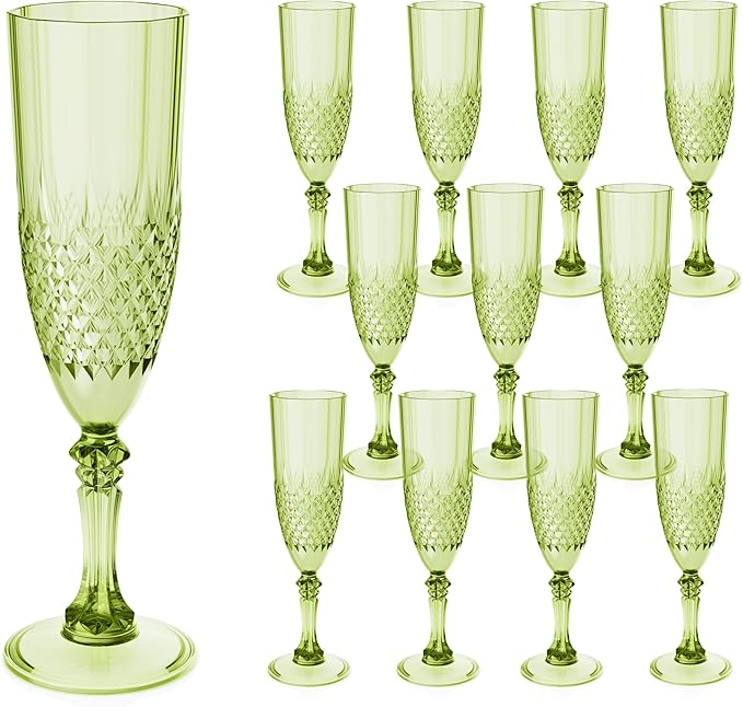 Plastic Champagne Flutes, 12PCS Green Plastic Wine Glasses Goblets Reusable Champagne Flute for Weddings, Bachelor Parties, Toasting, and Events(12, Green)