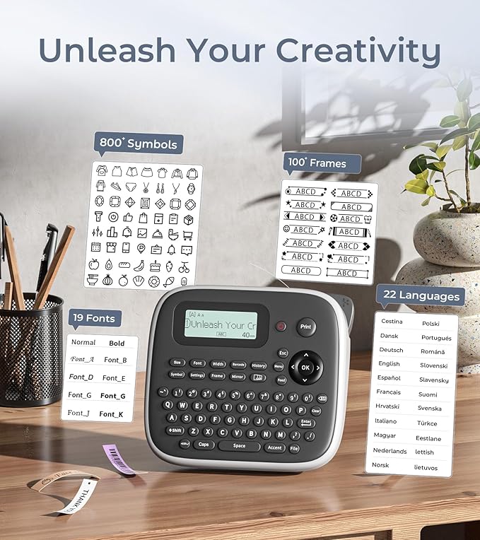 Label Maker Machine with Tapes, Label Makers, Label Maker Waterproof-Labels, Labeler Machine with-Tape 12mm 0.47 Laminated White, D210s Inkless Portable Labeling Machine for Home School Office