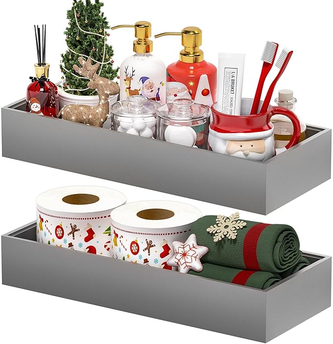 Kitchen Drawer Organizer Bins, Stackable Bamboo Drawer Organizer for Silverware, 2 Pcs Toilet Paper Basket Holder, Wood Bathroom Tray Countertop, Toilet Tank Tray Silver 15" x 6" x 2.5"