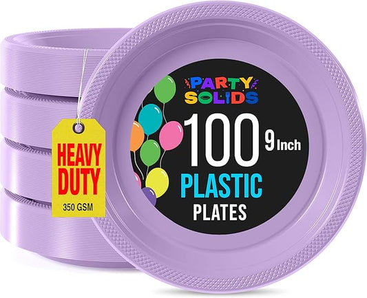 Exquisite Party Solids Lavender Plastic Plates For Party 9" Lavender Disposable Plates Heavy Duty Supplies 100 Pcs Plastic Dinnerware Sets Heavy Duty 350 GSM Disposable Dinnerware Set