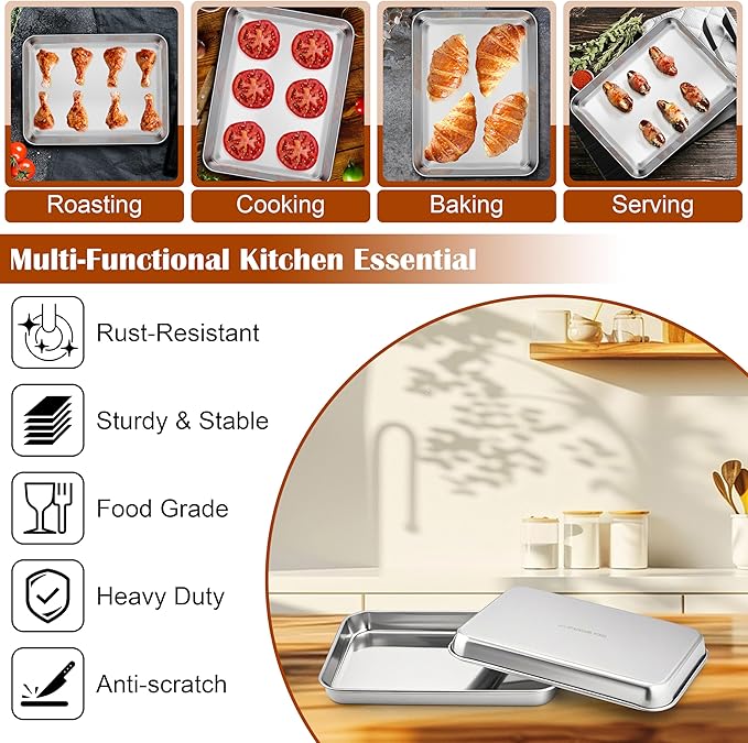 E-far Small Baking Sheet with Wire Rack (2 Pans + 2 Racks), Stainless Steel Cookie Sheets Trays & Cooling Rack for Toaster Oven, Non Toxic & Warp Resistant, Oven & Dishwasher Safe, 10.5 x 8.3 x 1 Inch